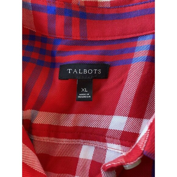 Talbots Button Up Shirt Plaid XL Red White Blue Long Sleeve Soft Rayon - Picture 5 of 9